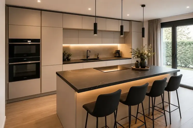 Rénovation cuisine haut de gamme Paris — îlot central, plan de travail pierre