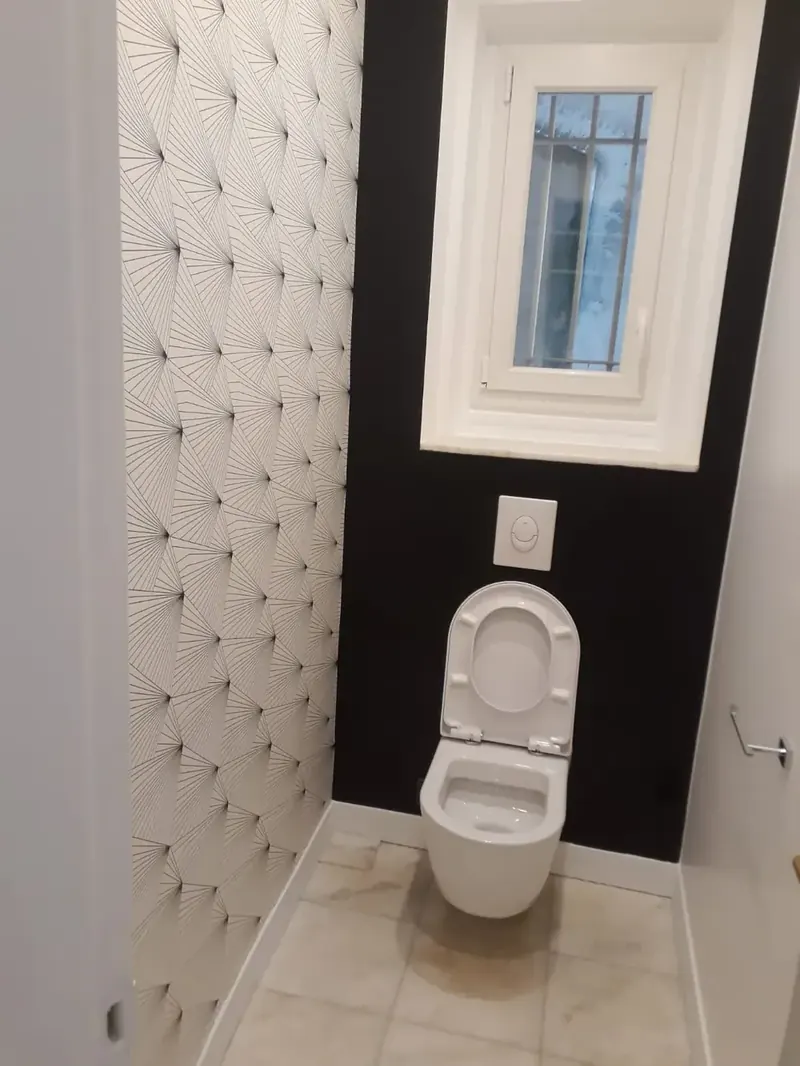 WC design rénové Paris — papier peint géométrique, WC suspendu